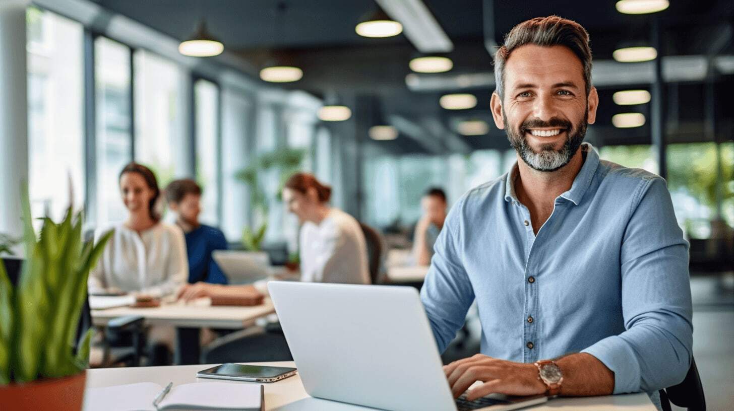 Mature university student in library researching entry requirements for higher education business courses.