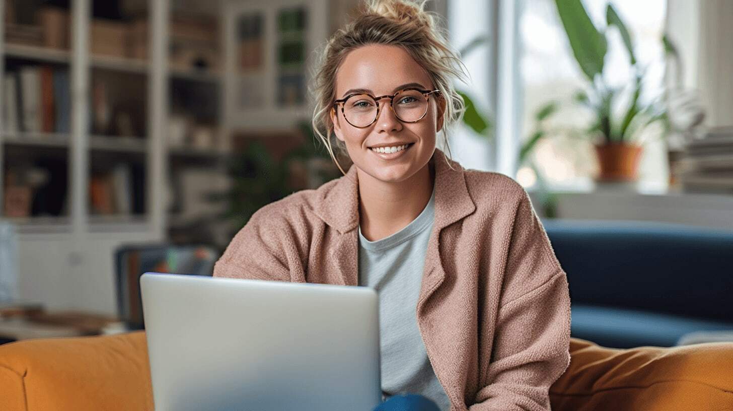 Woman developing skills from virtual campus through laptop at home.