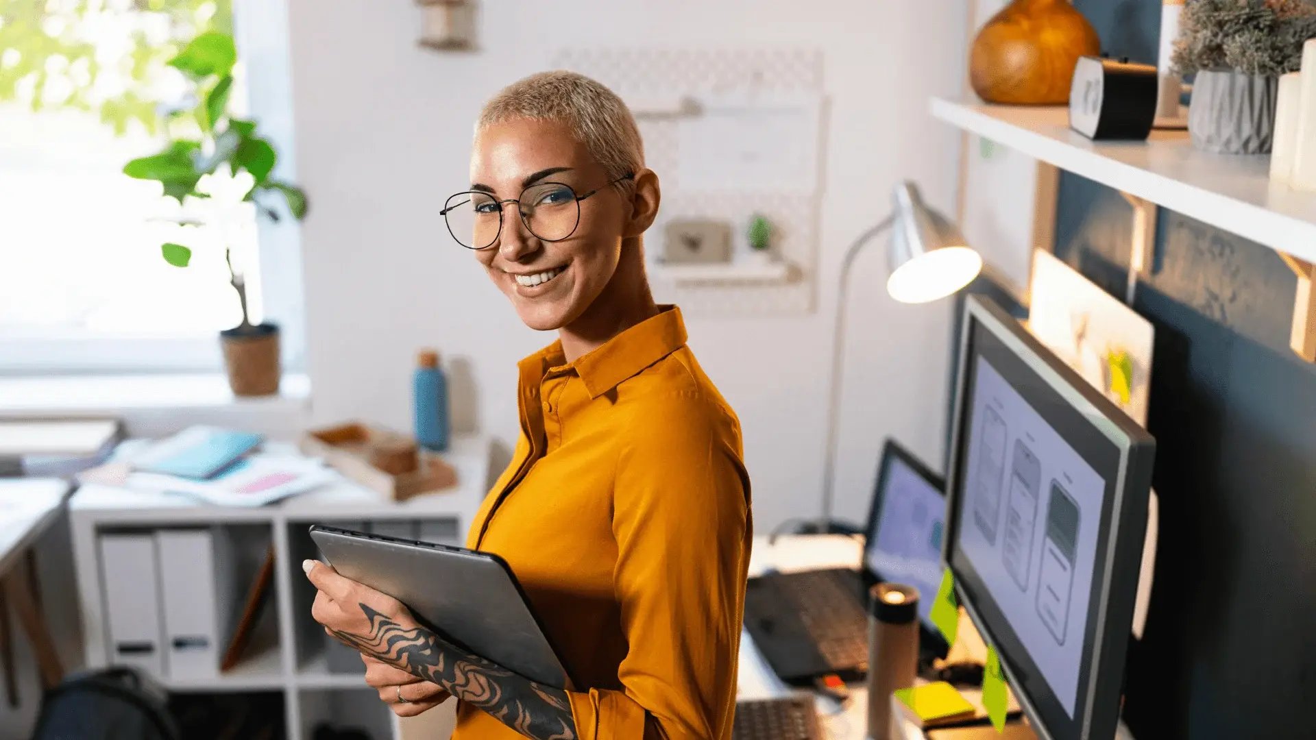 Smiling woman in glasses and yellow shirt working as a business manager after her foundation year course.
