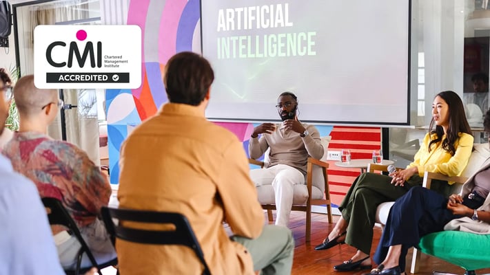 Man with master's degree in business and AI speaking at conference.