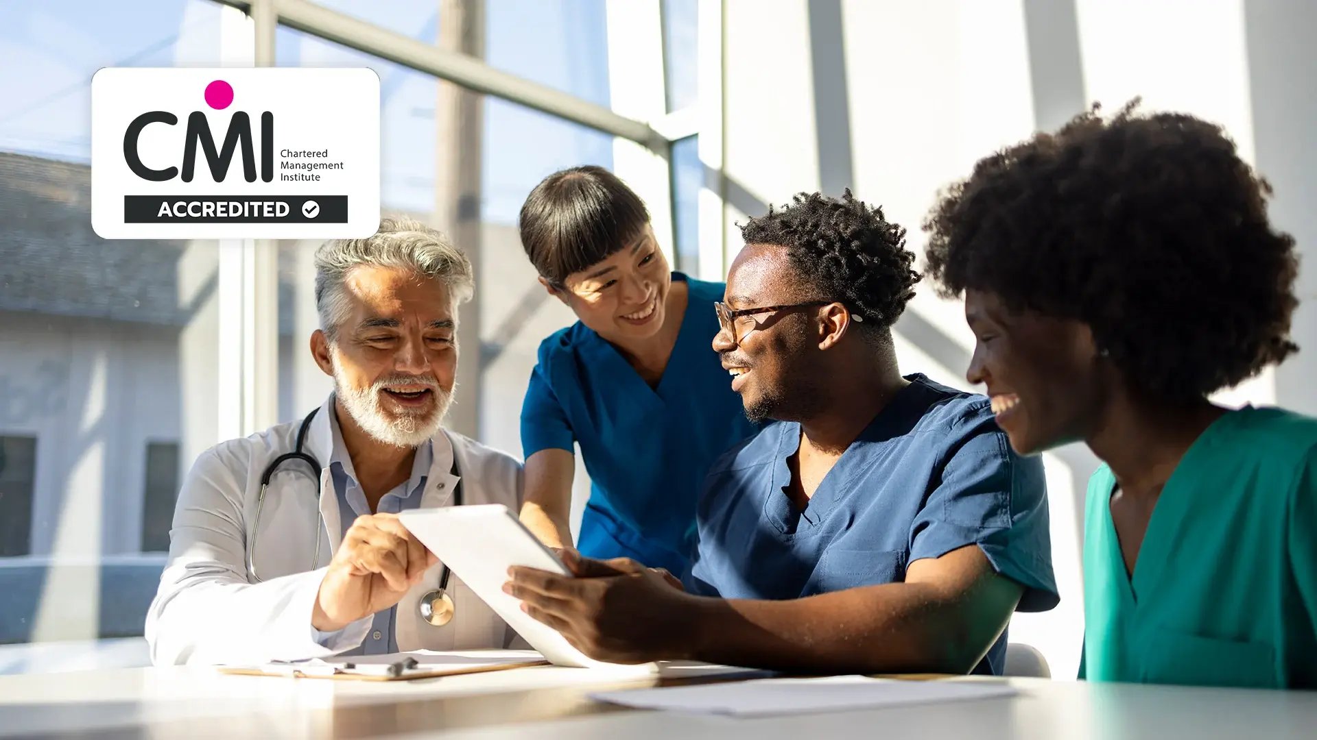 Group of healthcare workers discuss strategic planning.