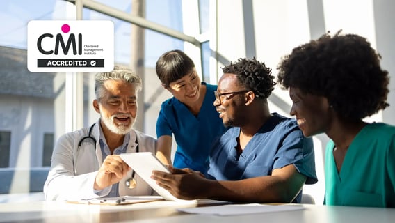 Group of healthcare workers discuss strategic planning.