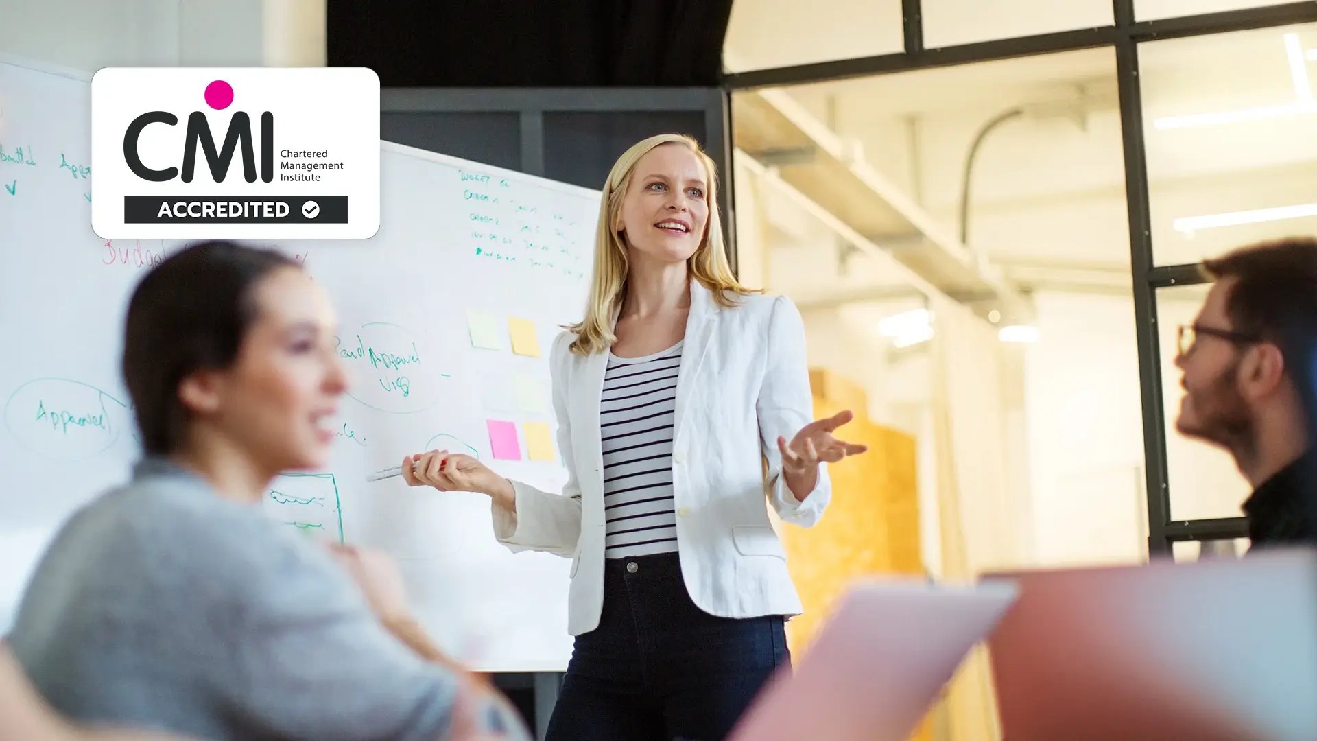 Woman with accredited master's degree head up planning meeting.