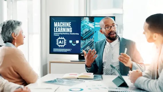 A confident machine learning engineer in a meeting about deep learning techniques.