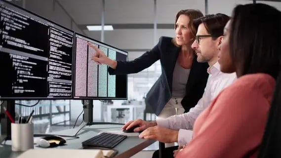 A senior AI architect explaining an artificial intelligence system to a group of colleagues.