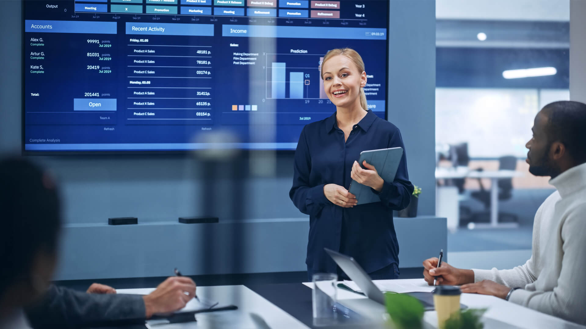 An information security analysis leading a team meeting about monitoring the company IT network