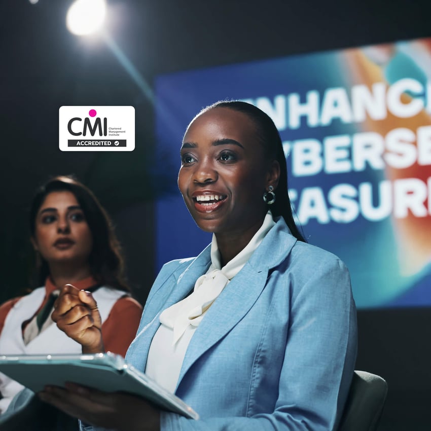 A professional woman smiling in a modern workspace, representing graduates of an MBA Cyber Security online.